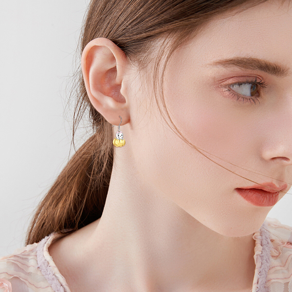 Sterling Silver Two-tone Cat & Pumpkin Drop Earrings-2