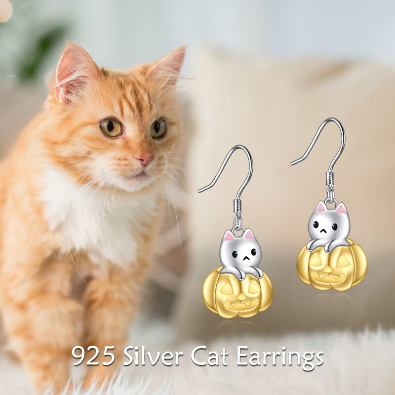 Sterling Silver Two-tone Cat & Pumpkin Drop Earrings-3