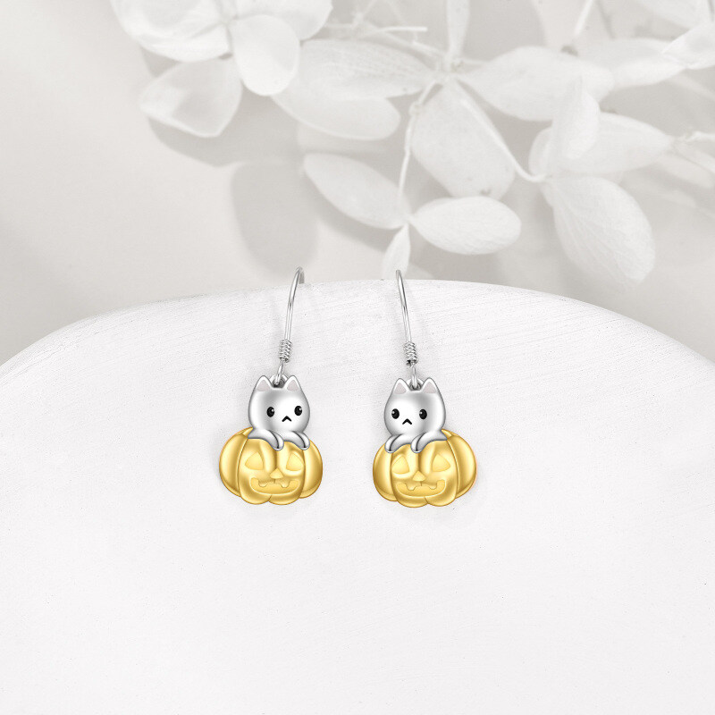 Sterling Silver Two-tone Cat & Pumpkin Drop Earrings-4