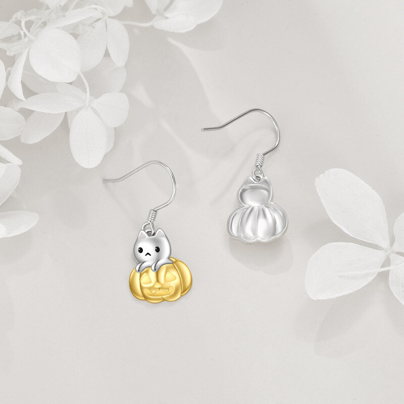 Sterling Silver Two-tone Cat & Pumpkin Drop Earrings-5