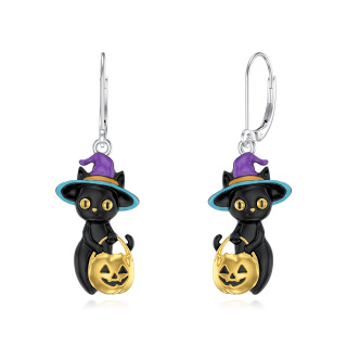 Pendientes colgantes de dos tonos en plata esterlina con diseño de gato y calabaza-20