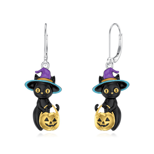 Sterling Silver Two-tone Cat & Pumpkin Drop Earrings