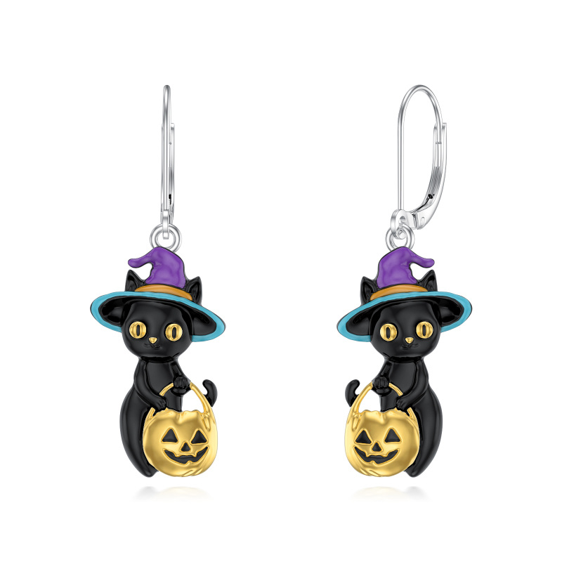 Sterling Silver Two-tone Cat & Pumpkin Drop Earrings-1