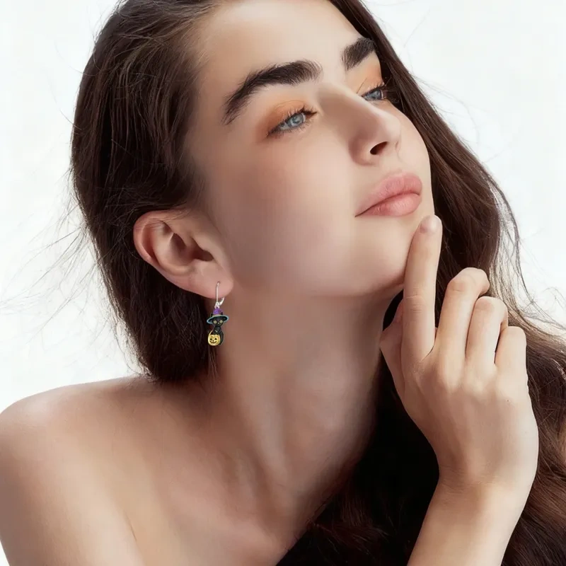 Sterling Silver Two-tone Cat & Pumpkin Drop Earrings-2