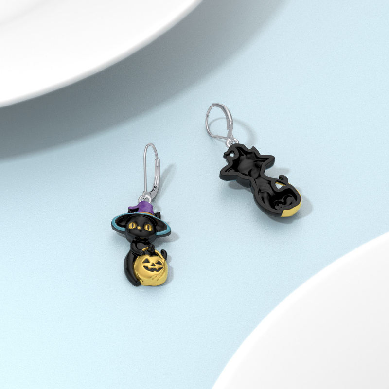 Sterling Silver Two-tone Cat & Pumpkin Drop Earrings-3
