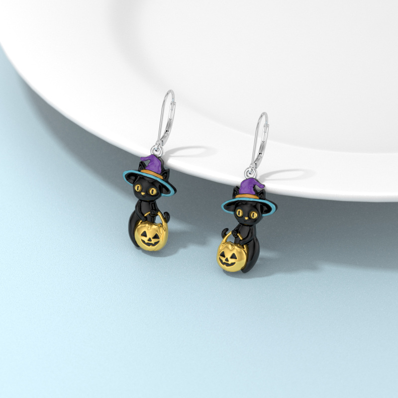 Sterling Silver Two-tone Cat & Pumpkin Drop Earrings-4