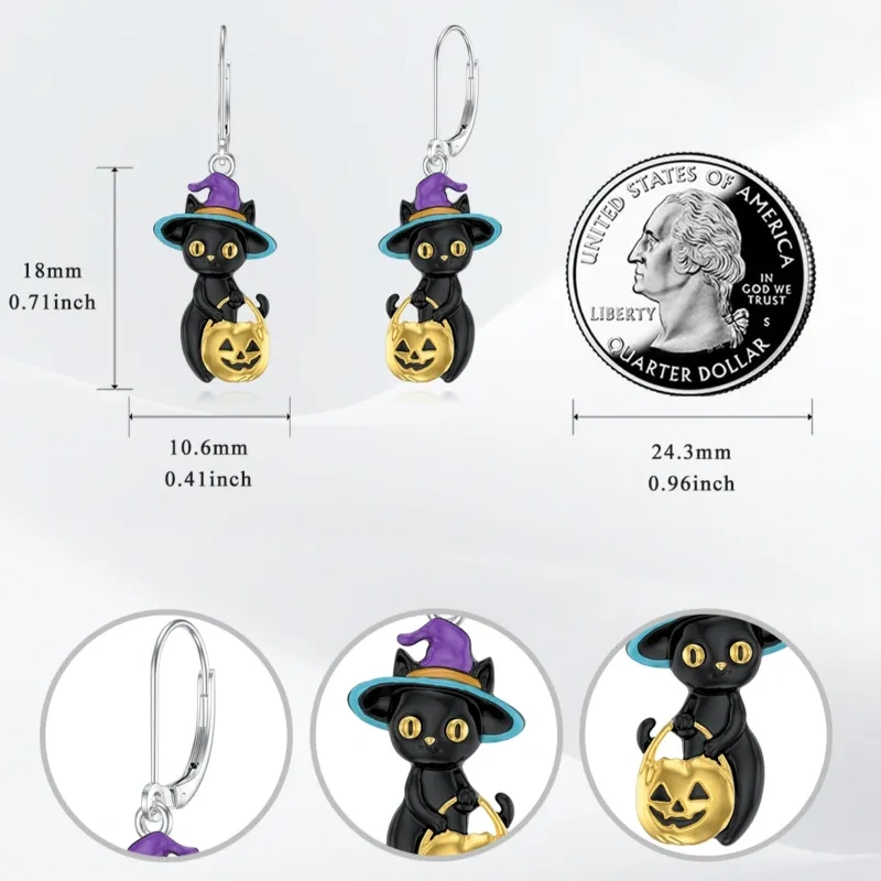 Sterling Silver Two-tone Cat & Pumpkin Drop Earrings-5