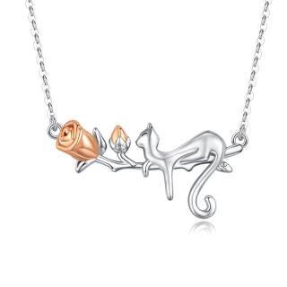 Sterling Silver Two-tone Cat & Rose Pendant Necklace-5