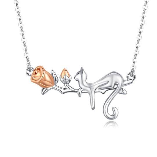 Collana con ciondolo a forma di gatto e rosa in argento sterling bicolore