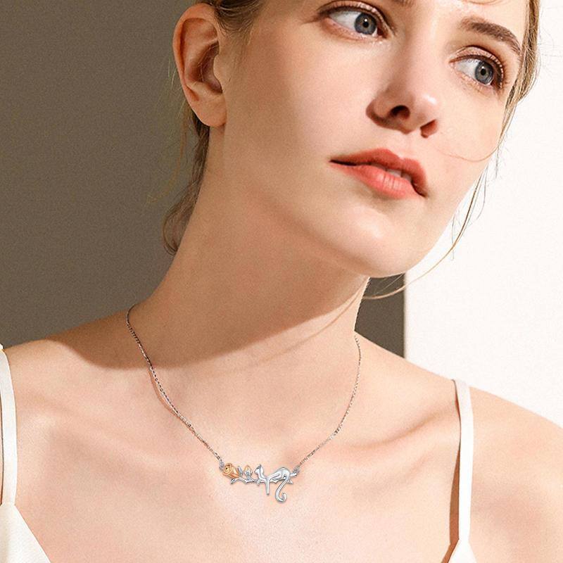 Sterling Silver Two-tone Cat & Rose Pendant Necklace-3