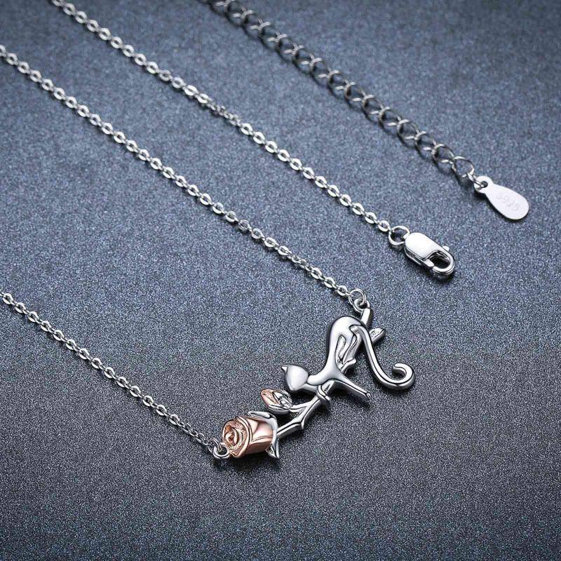 Sterling Silver Two-tone Cat & Rose Pendant Necklace-5