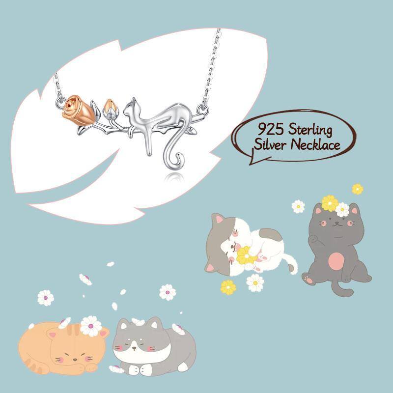 Sterling Silver Two-tone Cat & Rose Pendant Necklace-6