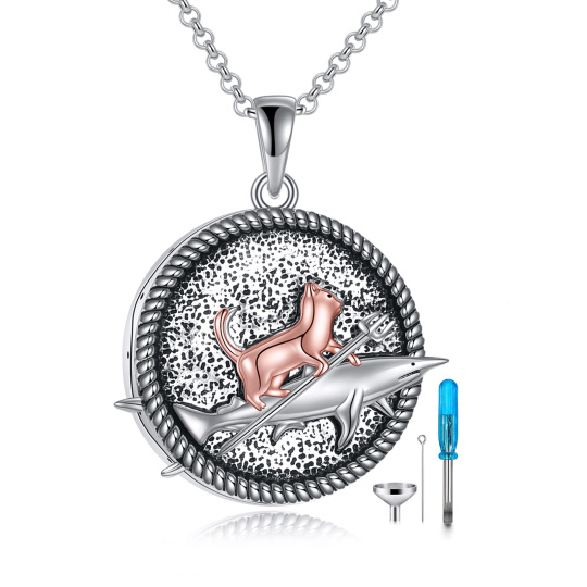 Collana con urna per le ceneri in argento sterling bicolore con gatto e squalo