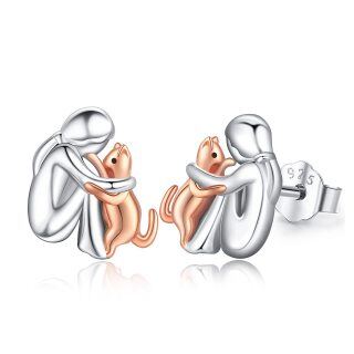 Sterling Silver Two-tone Cat Stud Earrings-35
