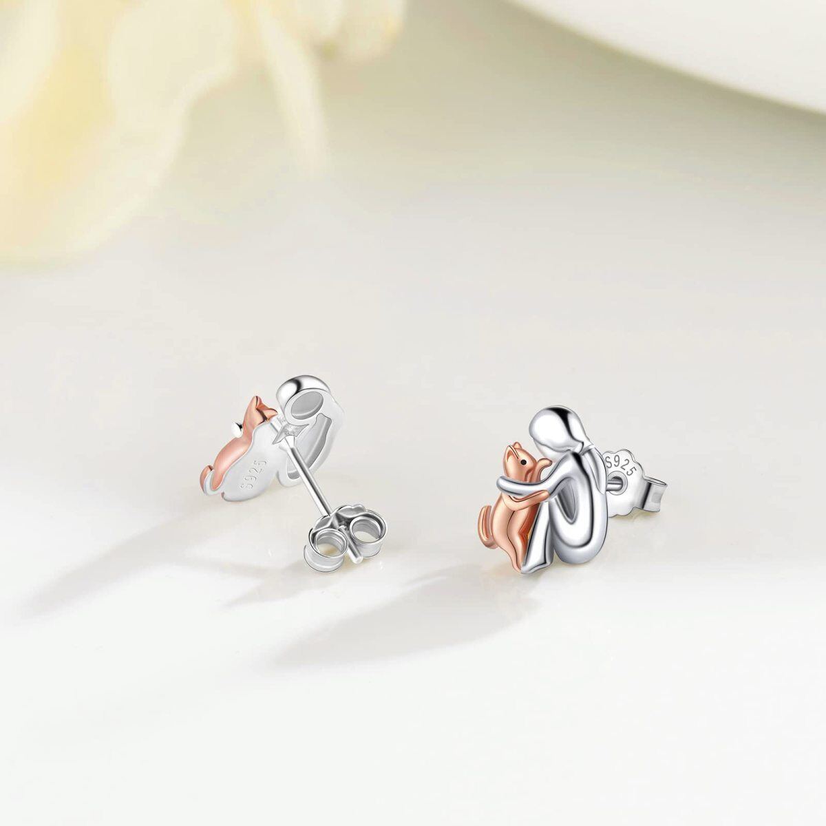 Sterling Silver Two-tone Cat Stud Earrings-5