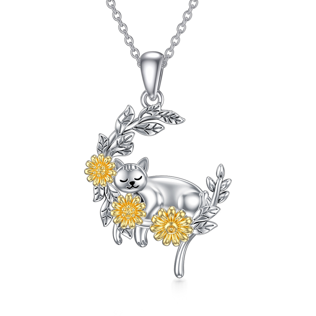 Collar con colgante de luna y girasol de gato de dos tonos de plata de ley para mujer-1