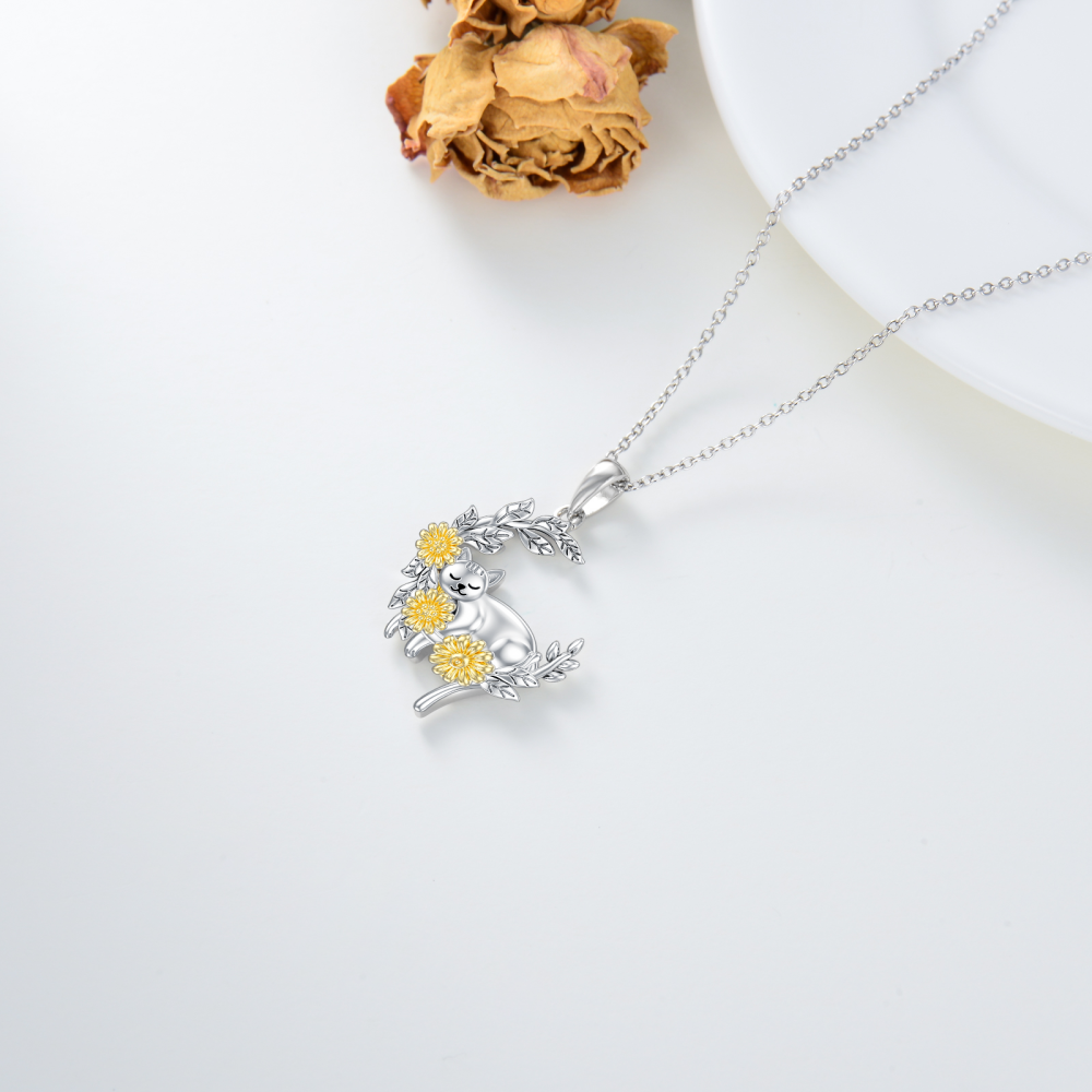 Sterling Silver Two-Tone Cat Sunflower Moon Pendant Necklace For Women-4