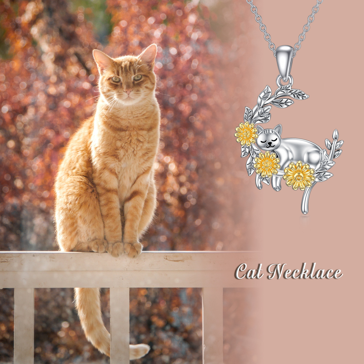 Collar con colgante de luna y girasol de gato de dos tonos de plata de ley para mujer-5