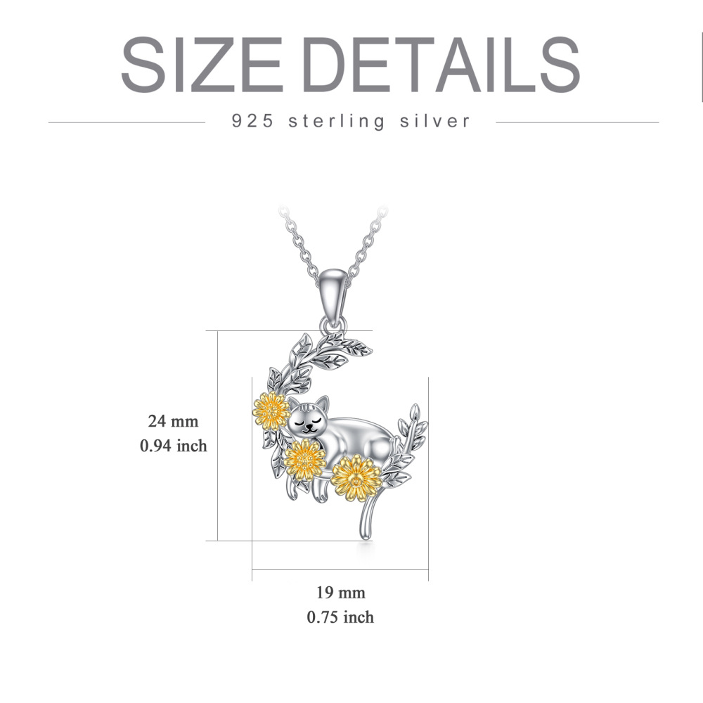 Sterling Silver Two-Tone Cat Sunflower Moon Pendant Necklace For Women-6