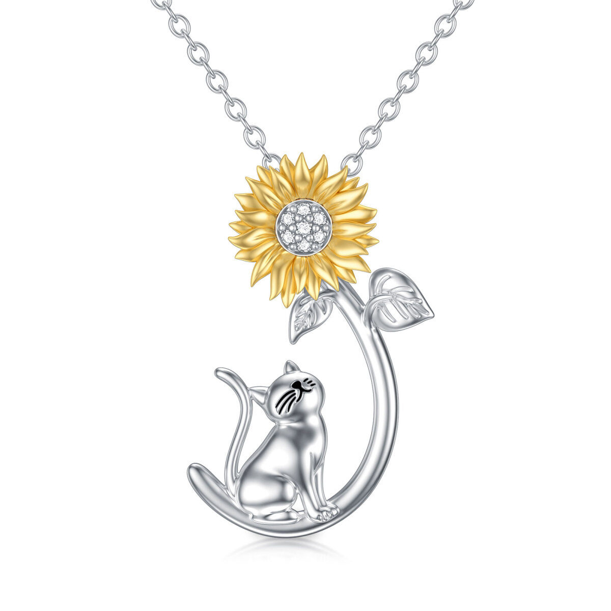 Sterling Silver Two-tone Cubic Zirconia Cat & Sunflower Pendant Necklace-1