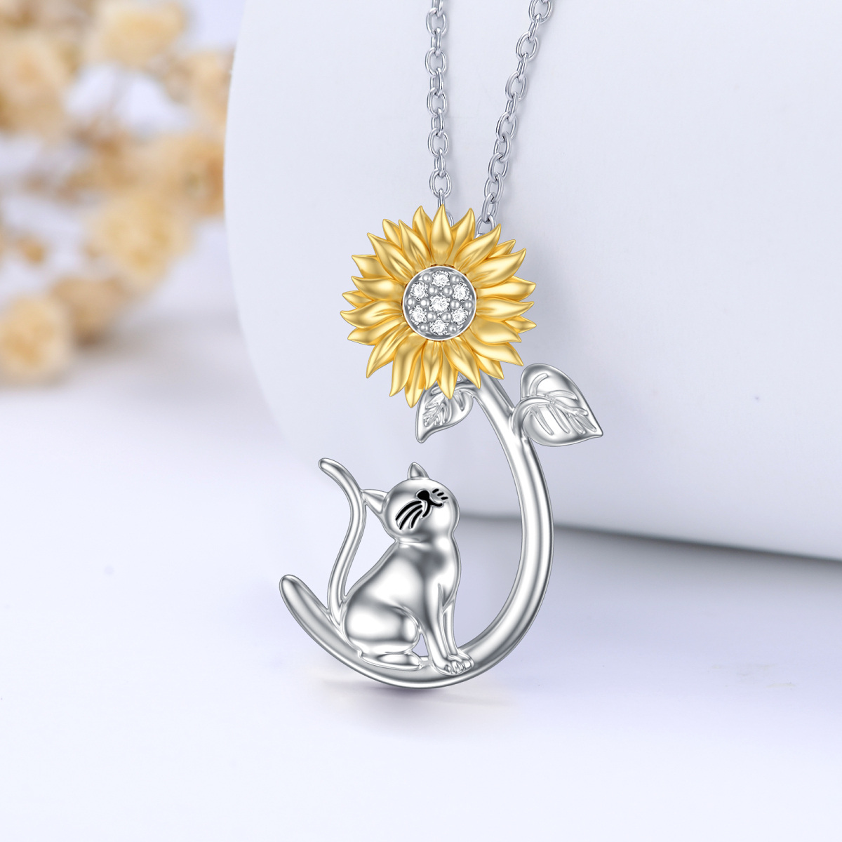 Sterling Silver Two-tone Cubic Zirconia Cat & Sunflower Pendant Necklace-3