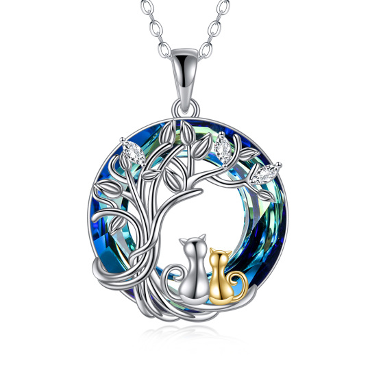 Sterling Silver Two-tone Cat & Tree Of Life Crystal Pendant Necklace