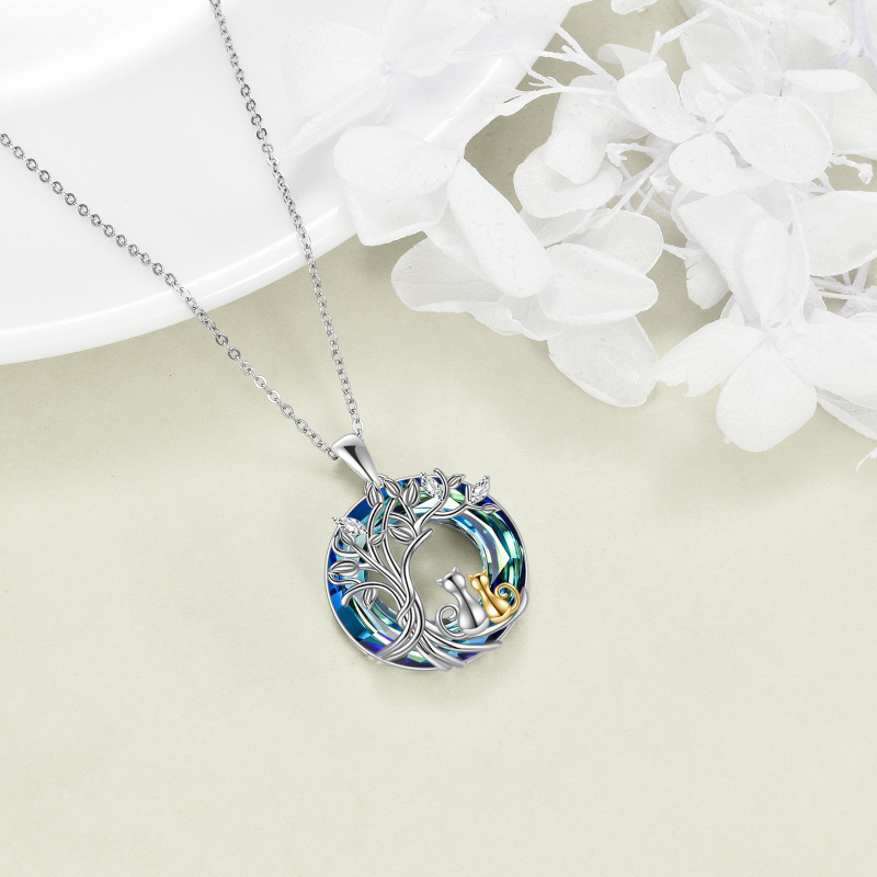 Sterling Silver Two-tone Cat & Tree Of Life Crystal Pendant Necklace for Women-3