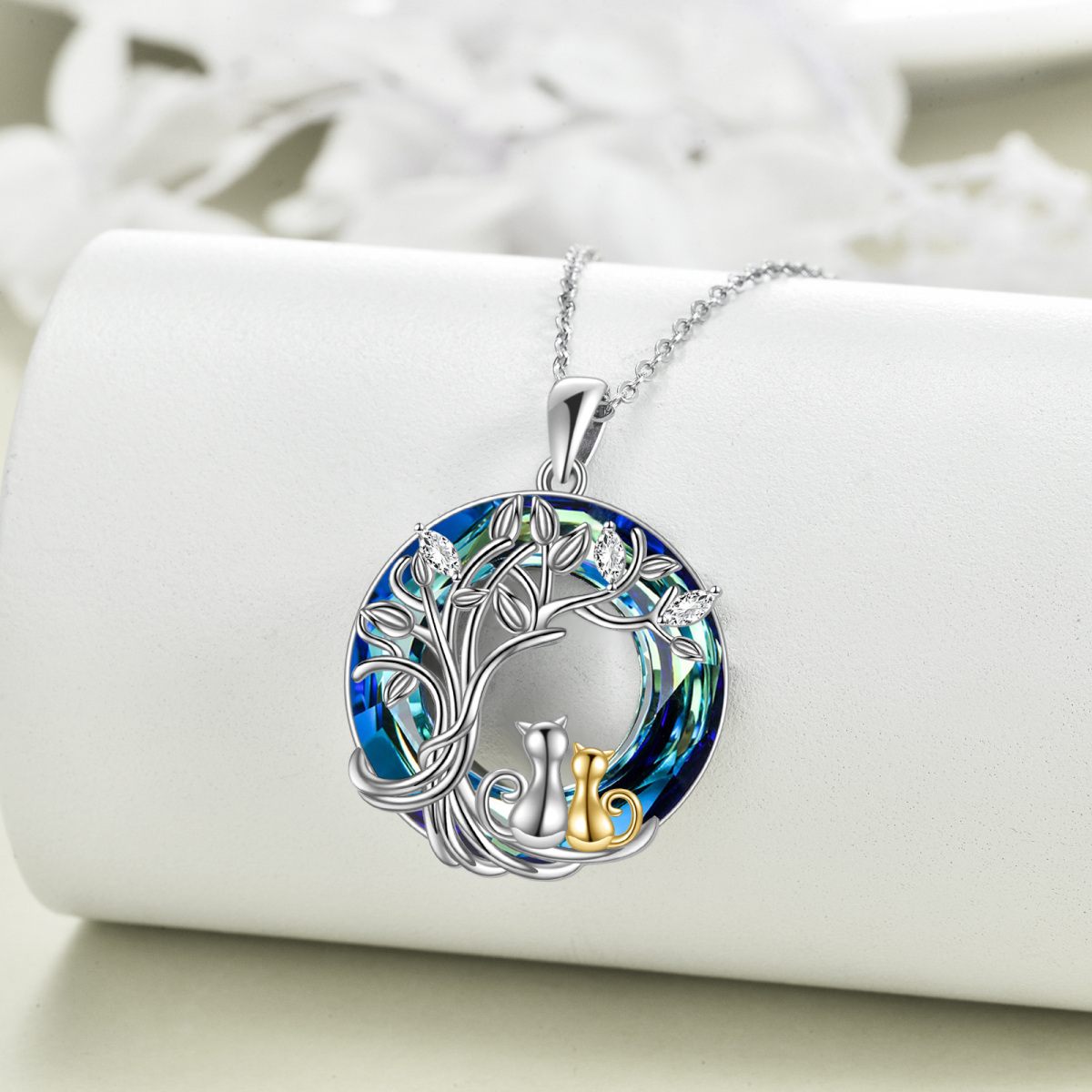 Sterling Silver Two-tone Cat & Tree Of Life Crystal Pendant Necklace-4