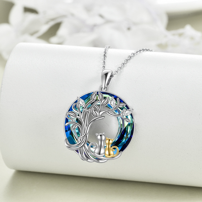 Sterling Silver Two-tone Cat & Tree Of Life Crystal Pendant Necklace for Women-4