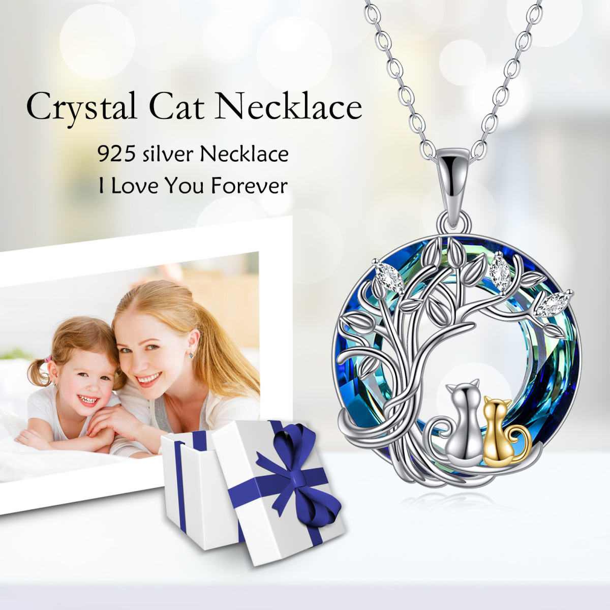 Collar con colgante de cristal de árbol de la vida con diseño de gato en dos tonos de plata de ley-6