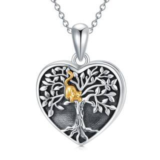 Sterling Silver Two-tone Cat & Tree Of Life Personalized Photo Locket Necklace with Engraved Word-51