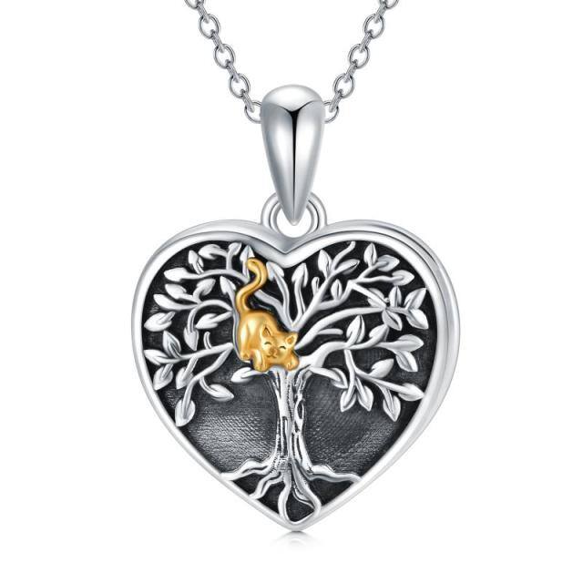 Sterling Silver Two-tone Cat & Tree Of Life Personalized Photo Locket Necklace with Engraved Word-4