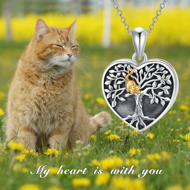 Sterling Silver Two-tone Cat & Tree Of Life Personalized Photo Locket Necklace with Engraved Word-3