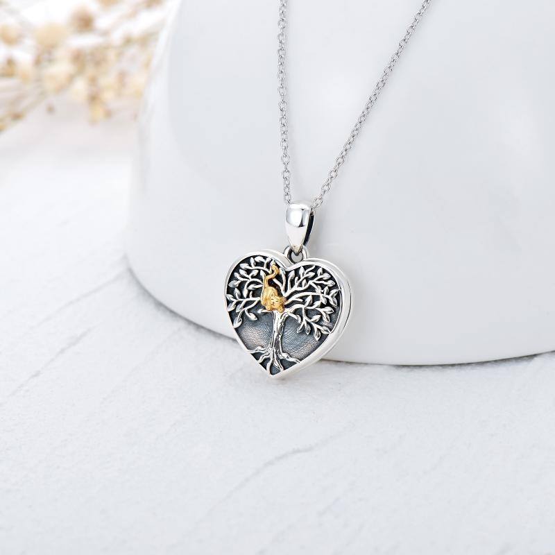 Sterling Silver Two-tone Cat & Tree Of Life Personalized Photo Locket Necklace with Engraved Word-4