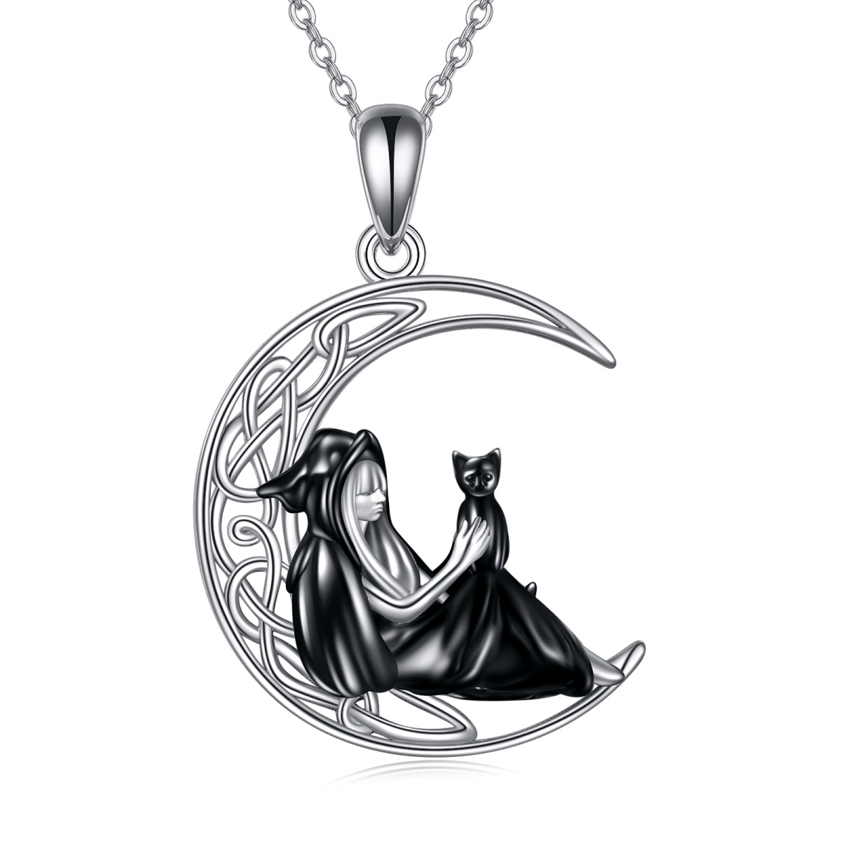 Sterling Silver Two-tone Cat & Witch Knot Pendant Necklace-1