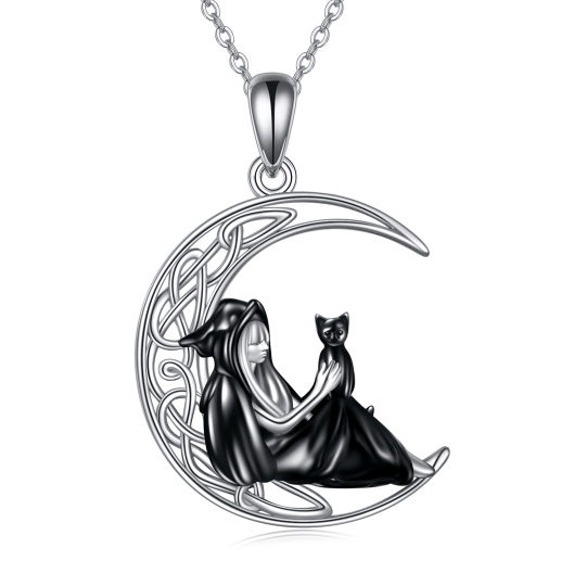 Collier en argent sterling avec pendentif chat et nœud de sorcière bicolore