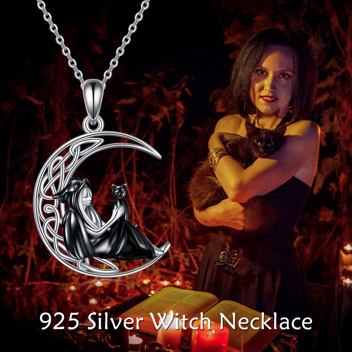 Collier en argent sterling avec pendentif chat et nœud de sorcière bicolore-3