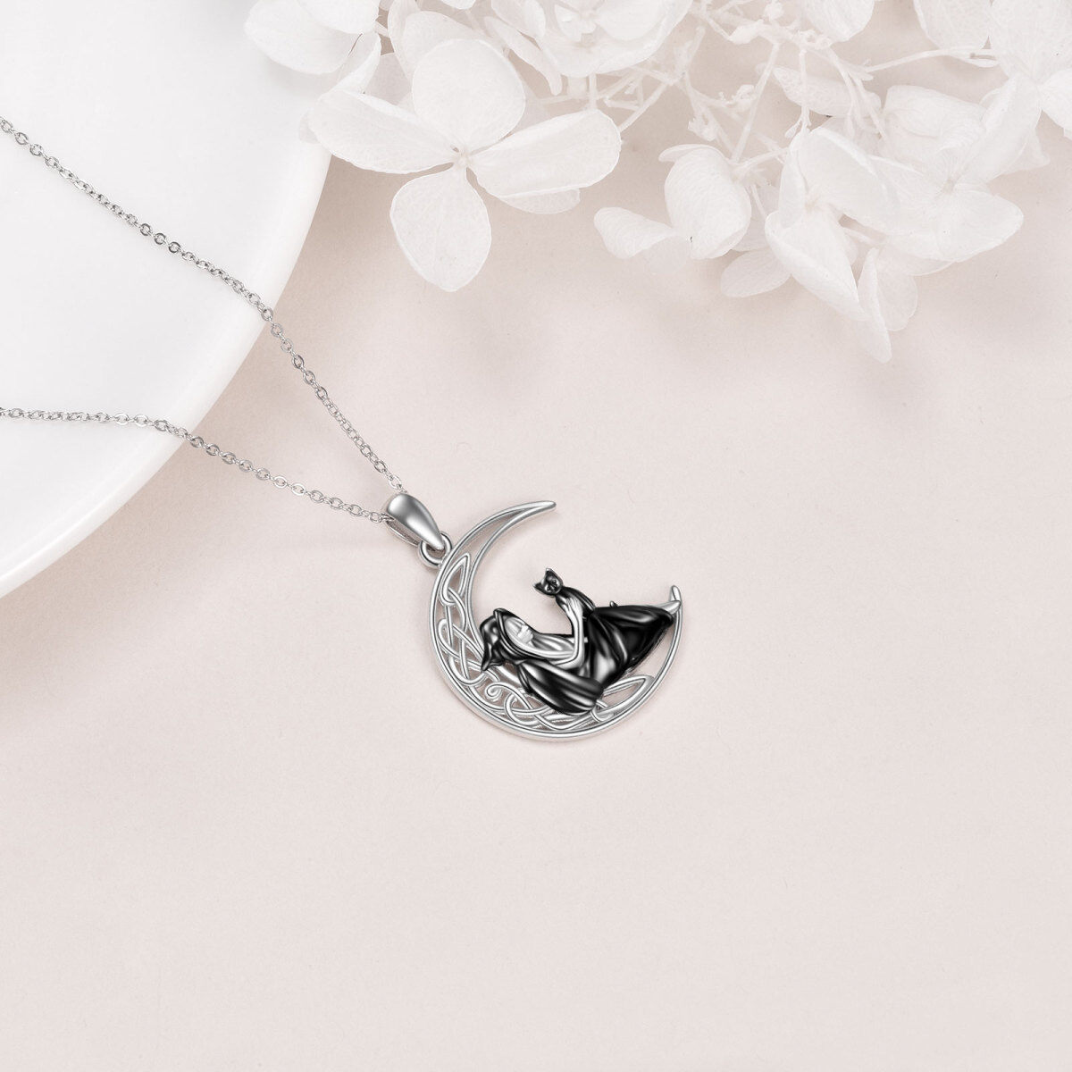 Collier en argent sterling avec pendentif chat et nœud de sorcière bicolore-5