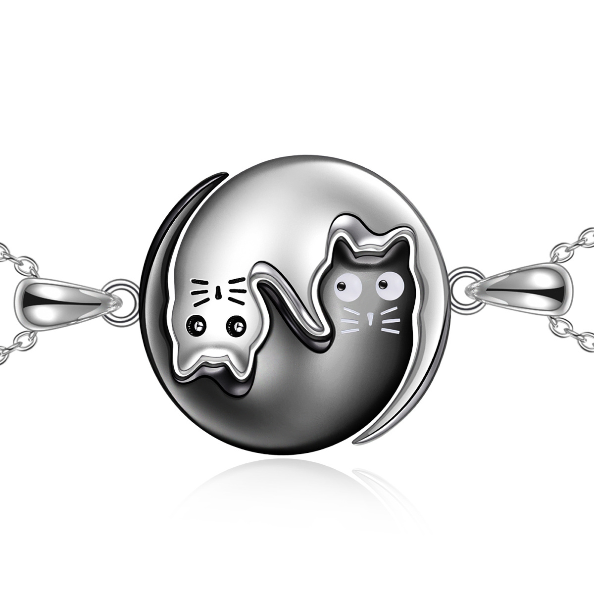 Sterling Silber zweifarbige Katze & Yin Yang Anhänger Halskette-1