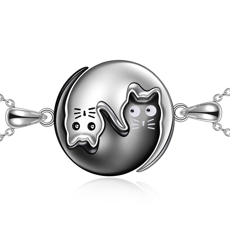 Sterling Silver Two-tone Cat & Yin Yang Pendant Necklace-14