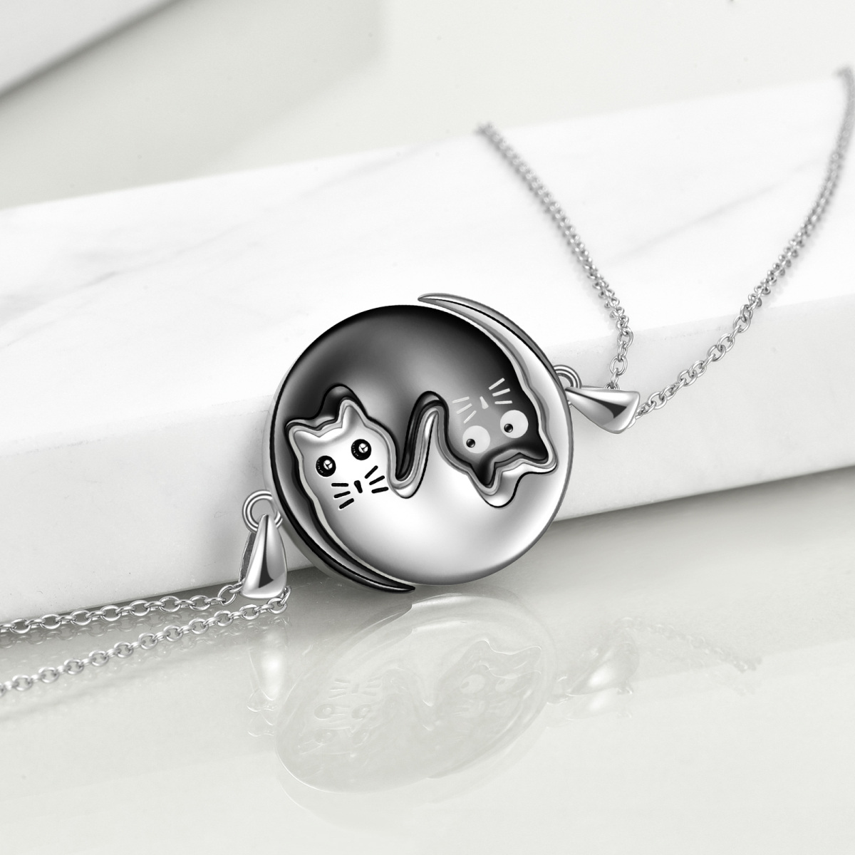 Collier en argent sterling avec pendentif chat et yin yang bicolore-2