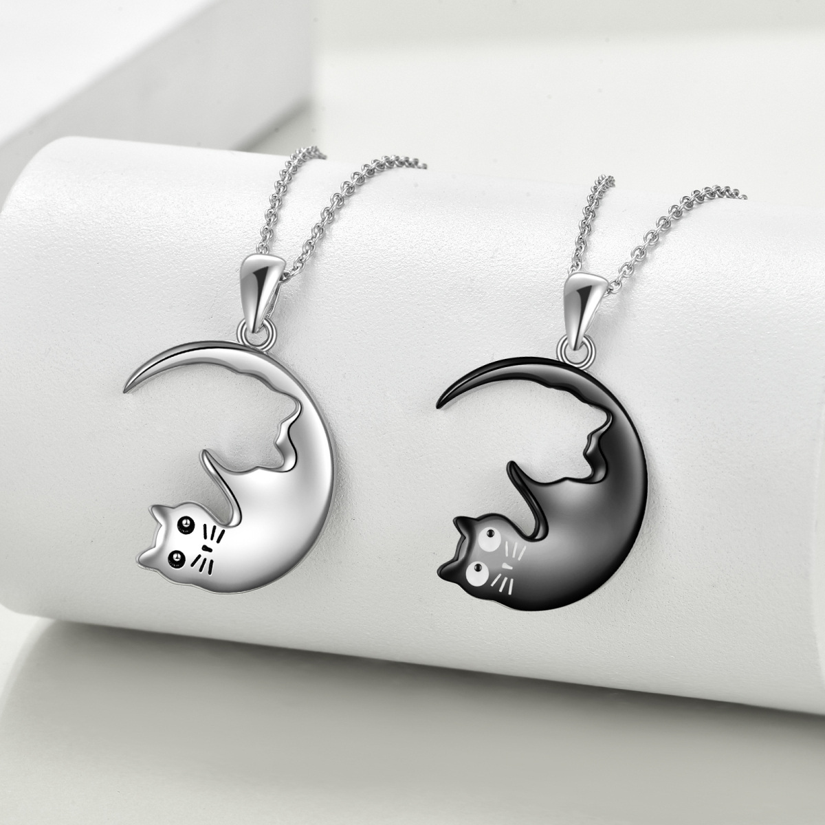 Collier en argent sterling avec pendentif chat et yin yang bicolore-3