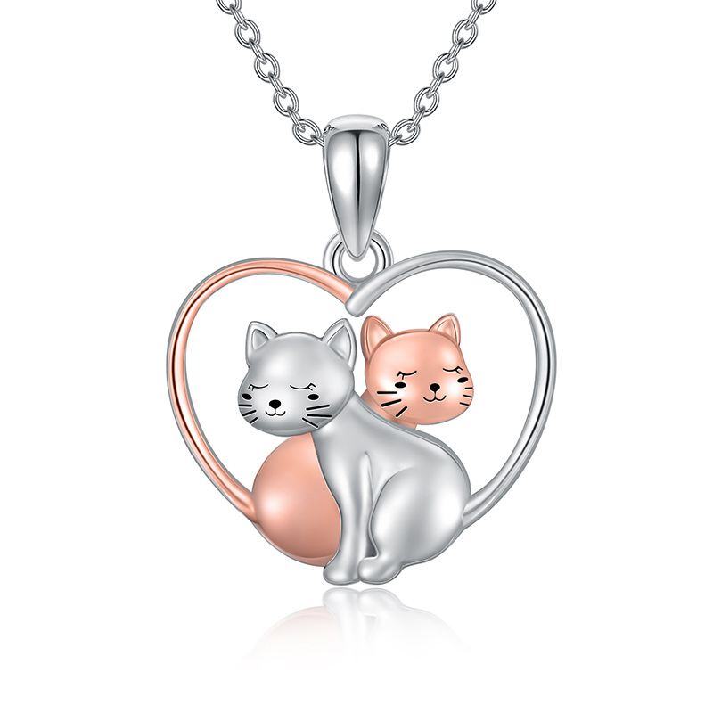 Collier en argent sterling avec pendentif 2 chats et cœur bicolore-1