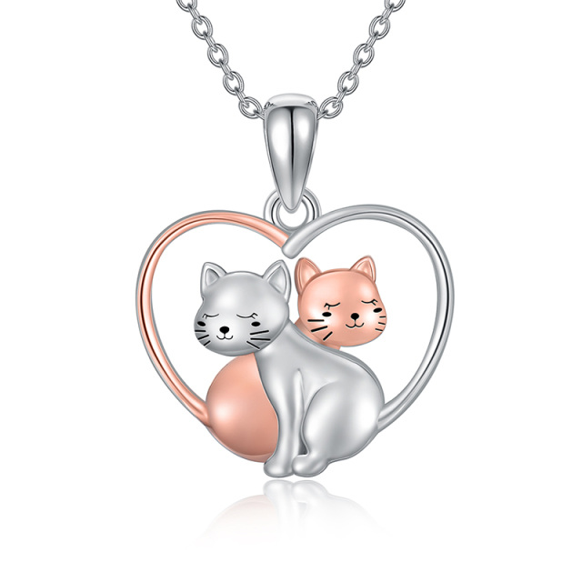 Sterling Silver Two-tone 2 Cats & Heart Pendant Necklace-1