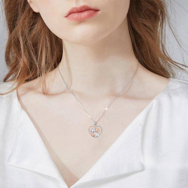 Collier en argent sterling avec pendentif 2 chats et cœur bicolore-2