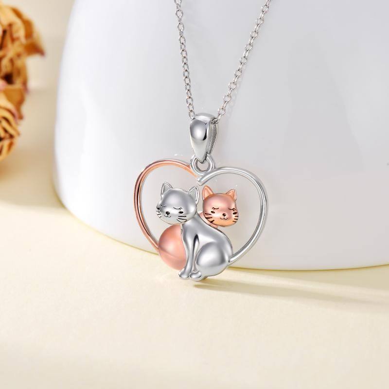 Sterling Silver Two-tone 2 Cats & Heart Pendant Necklace-3