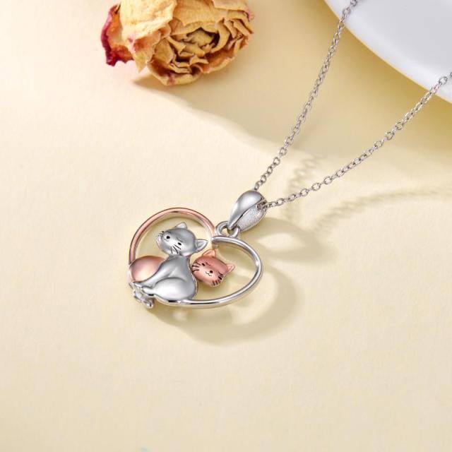 Collana bicolore in argento sterling con 2 gatti e un ciondolo a forma di cuore-4