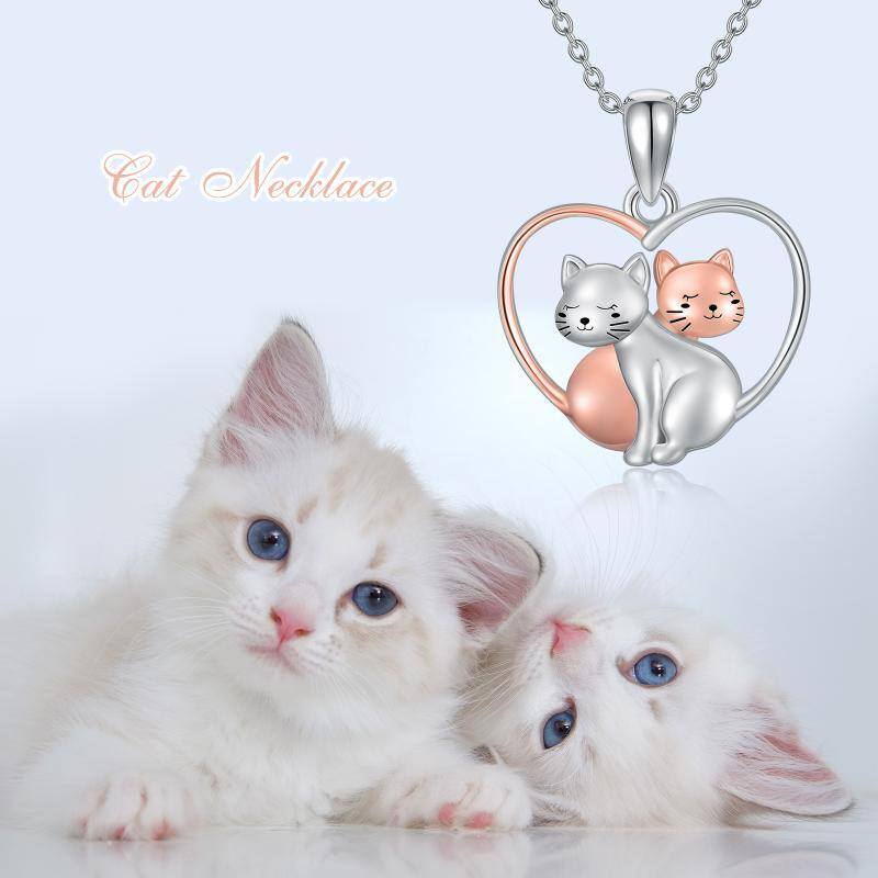 Sterling Silver Two-tone 2 Cats & Heart Pendant Necklace-6