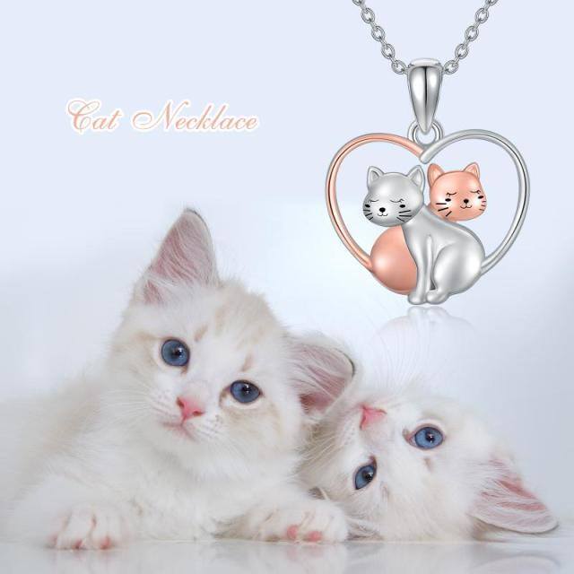 Sterling Silver Two-tone 2 Cats & Heart Pendant Necklace-6