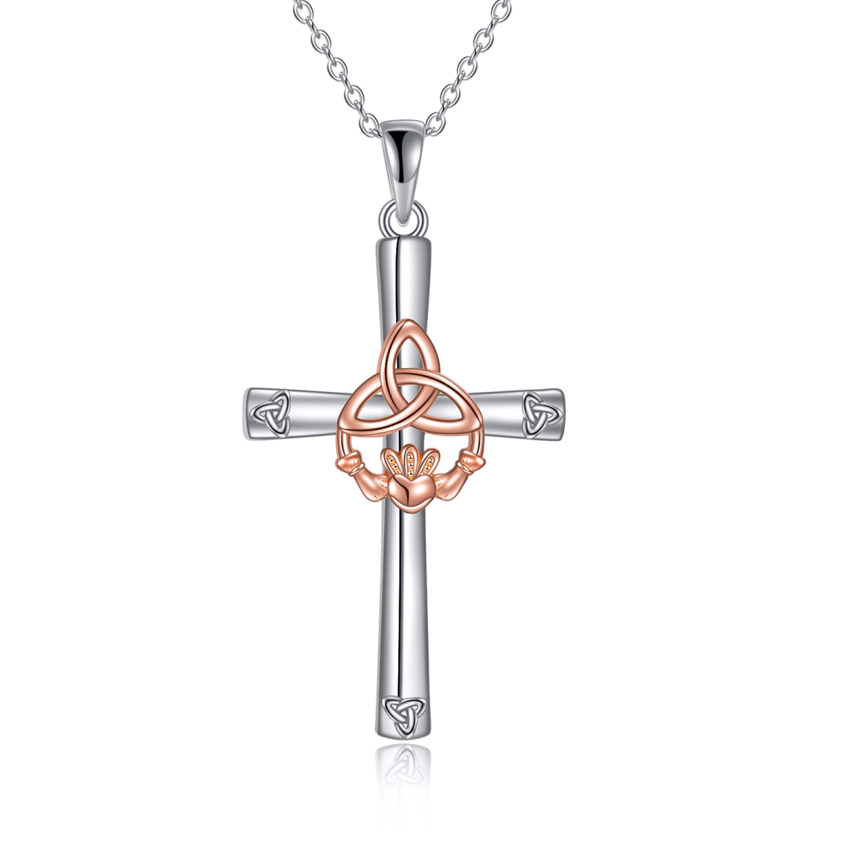 Sterling Silber zweifarbig keltischer Knoten & Claddagh & Kreuz Anhänger Halskette-1